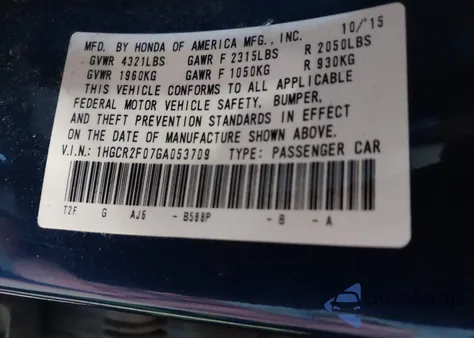 2016 Honda Accord Ex from USA, damaged, VIN 1HGCR2F07GA053709